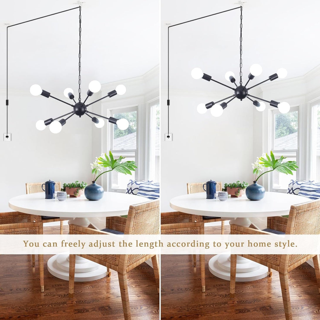 8 Lights Plug in Chandelier Sputnik Ceiling Light Fixture Black Hanging Lights with Plug in Cord 16.4Ft Sputnik Chandeliers for Dining Room Living Room Bedroom Foyer