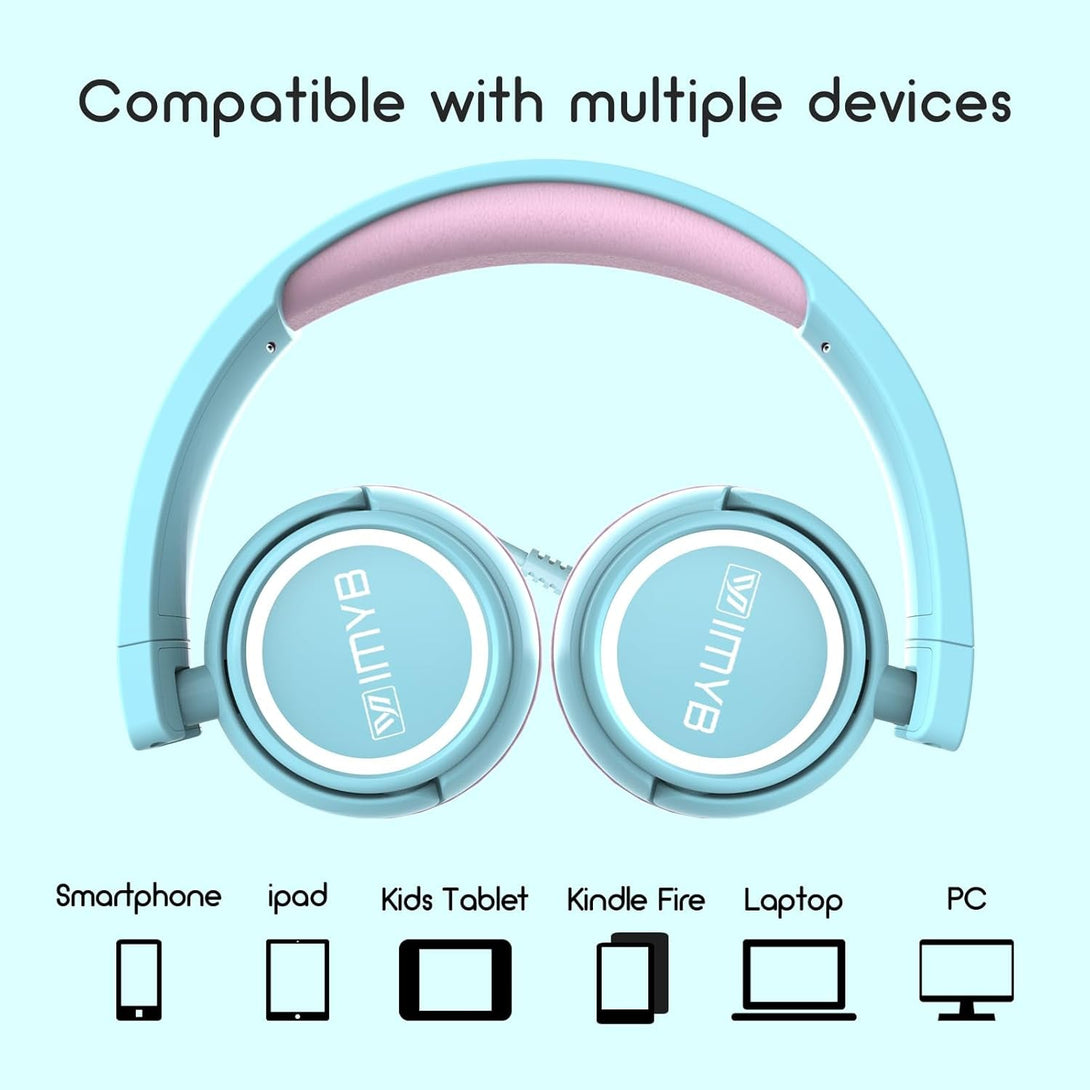 V1 Kids Headphones, Wired Stereo Foldable Tangle-Free 3.5Mm Adjustable On-Ear Headphones for Kids for School/Toddlers/Childrens/Teens/Boys/Girls/Ipad/Tablet/Kindle/Phones/Travel/Plane (Cyan)