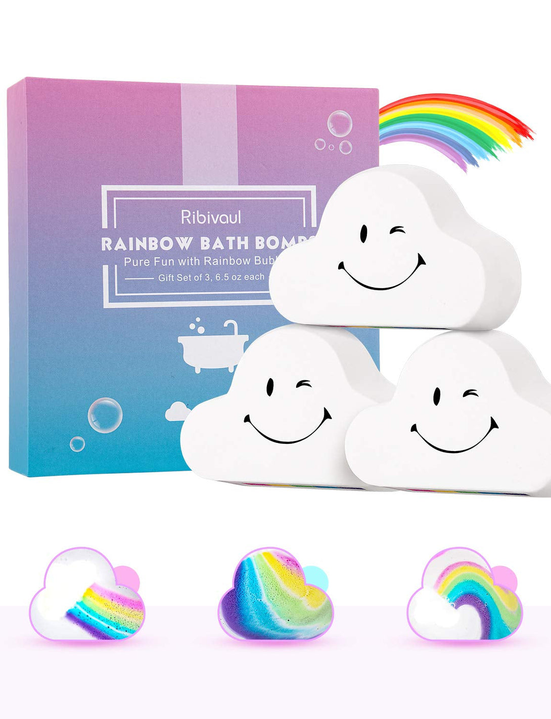 Cloud Rainbow Bath Bombs for Kids Girls, 3 XXXL Handmade Bath Bombs (6 Oz Each), Natural & Organic Kids Bath Bombs with Surprise Colors Inside, Perfect Birthday Gifts for Women
