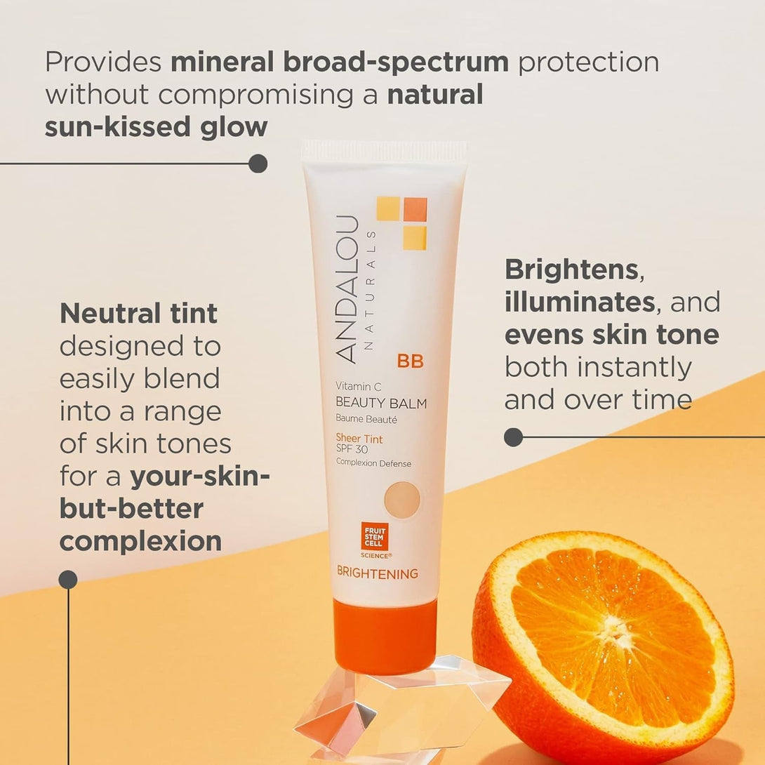 Andalou Naturals Vitamin C BB Beauty Balm Sheer Tint SPF 30, 2-In-1 BB Cream & Face Sunscreen with Broad Spectrum Protection, Mineral Sunscreen with Non-Nano Zinc Oxide, 2 Fl Oz
