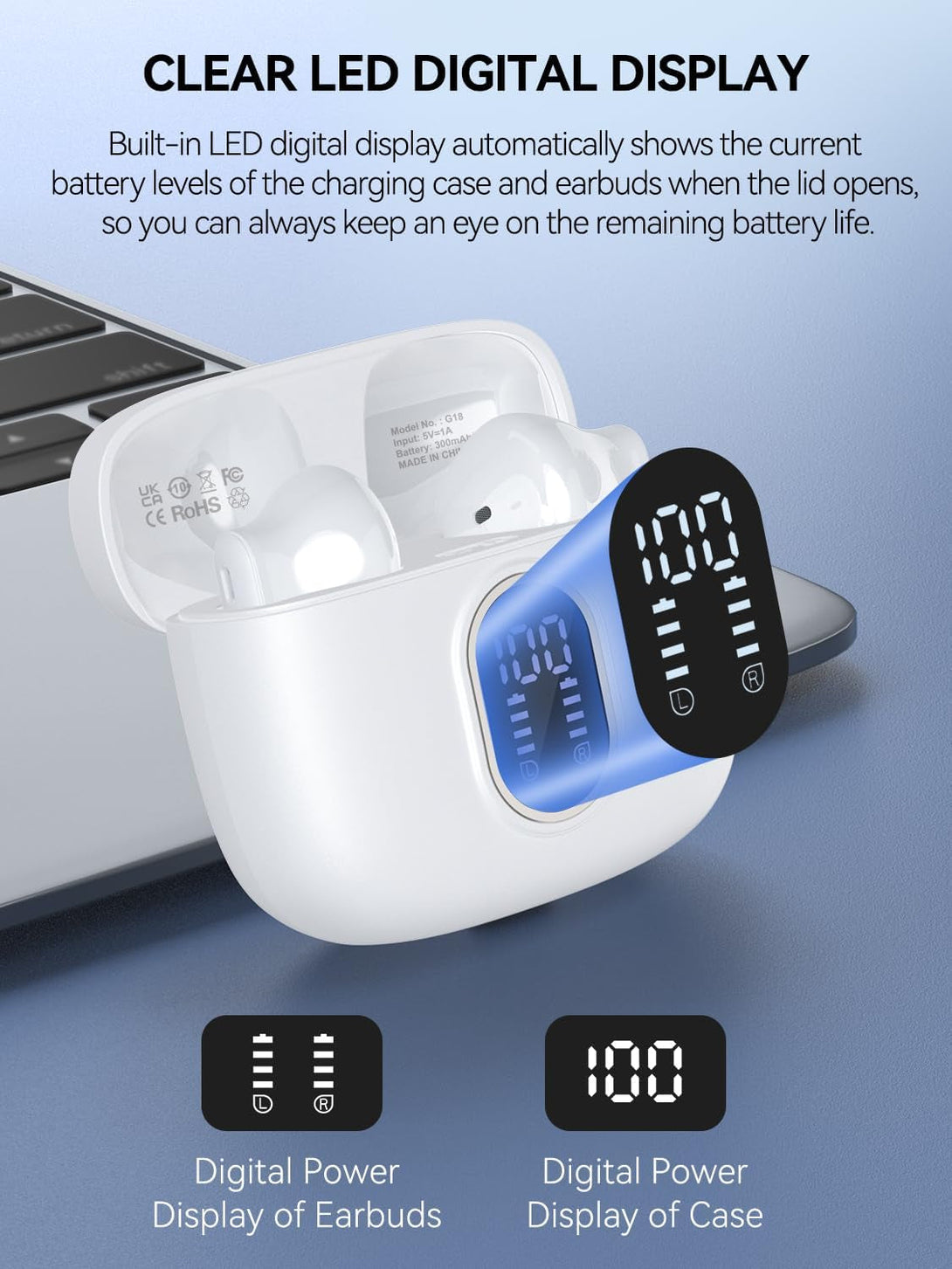 Wireless Earbuds Bluetooth 5.3 Headphones 42 Hrs Playtime with LED Display, Hifi Stereo Wireless Earphones with 4 ENC Noise Cancelling Mics, IPX7 Waterproof Ear Buds for Ios and Andorid White