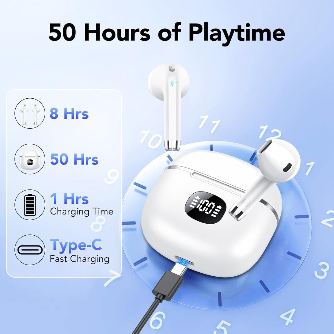 Wireless Earbuds, Bluetooth Headphones 5.3, 50H Playtime LED Display Deep Bass Ear Buds with 4 ENC Noise Cancelling Mic, IP7 Waterproof In-Ear Earphones for Phone Tablet Laptop Sports (White)
