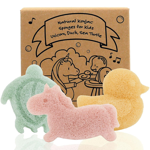 Myhomebody Konjac Baby Sponge for Bathing, Cute Shapes Natural Kids Bath Loofah for Infants, Toddler, Newborns, Safe Plant-Based, 3Pc. Set: Unicorn, Duck, Sea Turtle