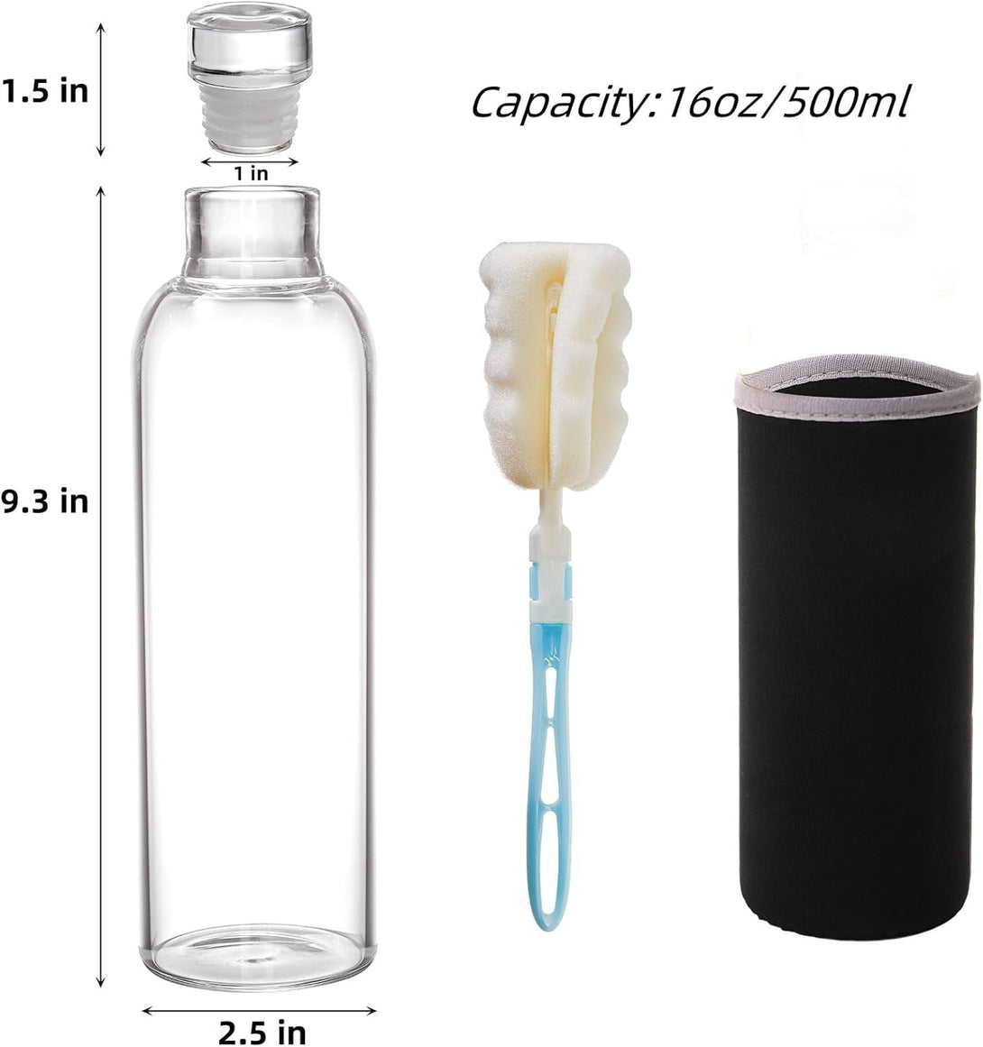 8 Pack Glass Water Bottles with Lids, 16 Oz Clear Glass Juice Bottles with Protective Sleeve Brush, Leak Proof Reusable Refillable Bottles Empty Container for Juice, Milk, Coke, Sodas