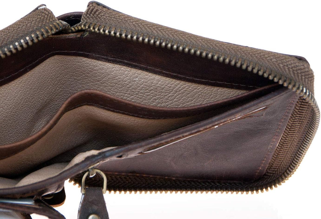 FLW Small Strong Oiled Genuine Leather Wallet with Metal Zipper around without Logos