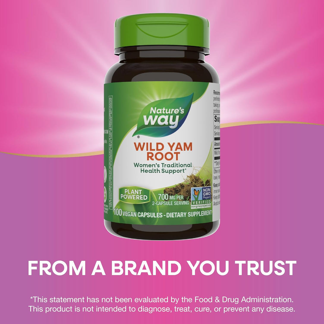 Nature'S Way Wild Yam Root, Women'S Traditional Health Support*, 700 Mg per 2-Capsule Serving, Non-Gmo Project Verified, 100 Vegan Capsules (Packaging May Vary)