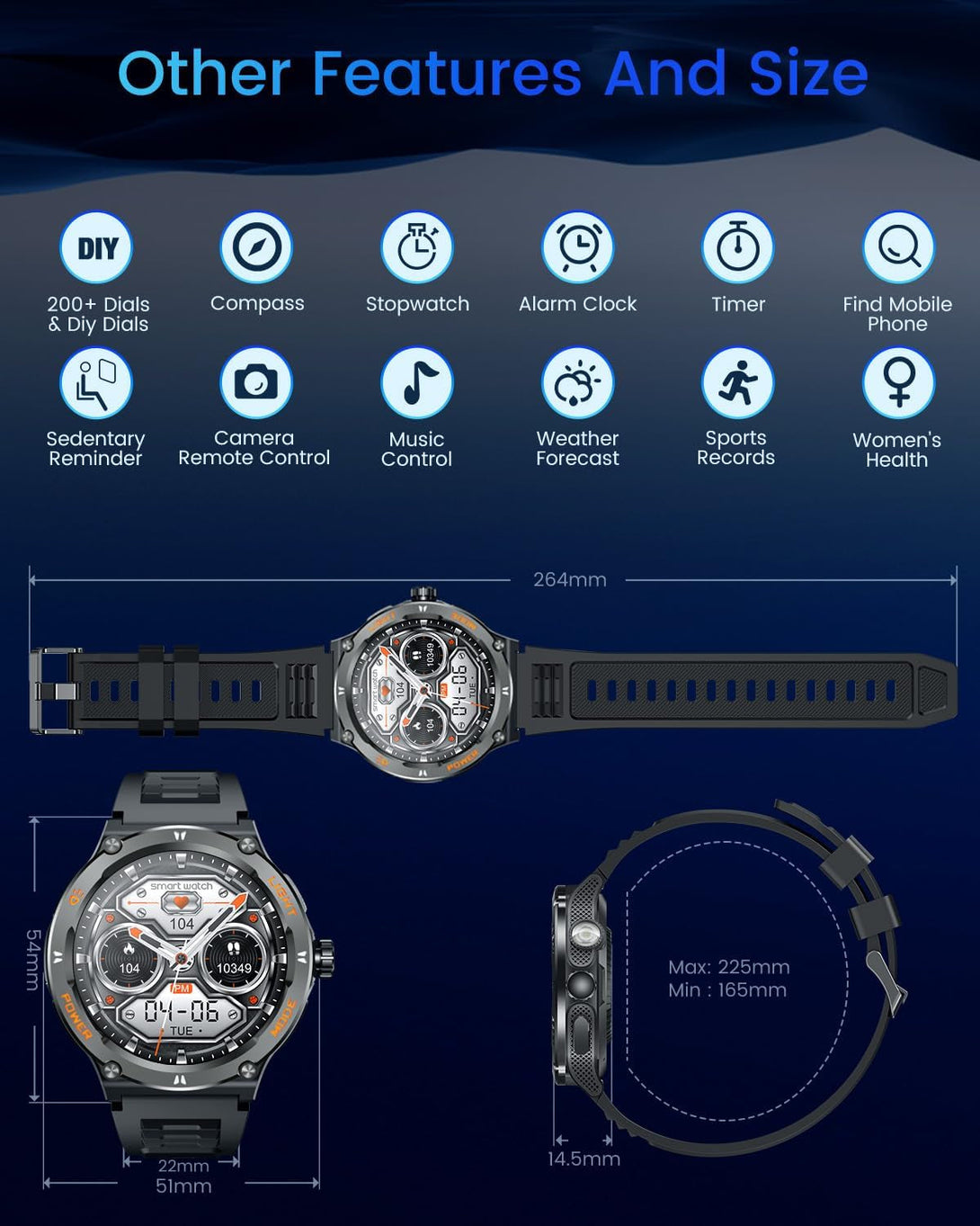 Smartwatch Men Fitness Tracker Watch: Smart Watches 1.53" round Touchscreen 3ATM Waterproof LED Flashlight Bluetooth Call Heart Rate Blood Pressure Sport Step Pedometer Compass Compatible Android Ios