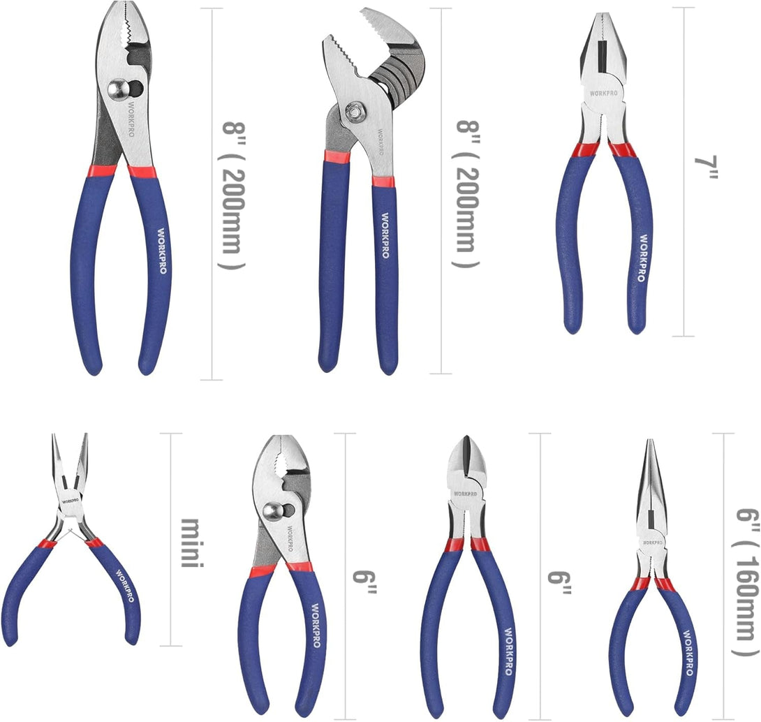 7-Piece WORKPRO Pliers Set with Groove Joint, Long Nose, Slip Joint, Linesman, and Diagonal Pliers for DIY & Home Use