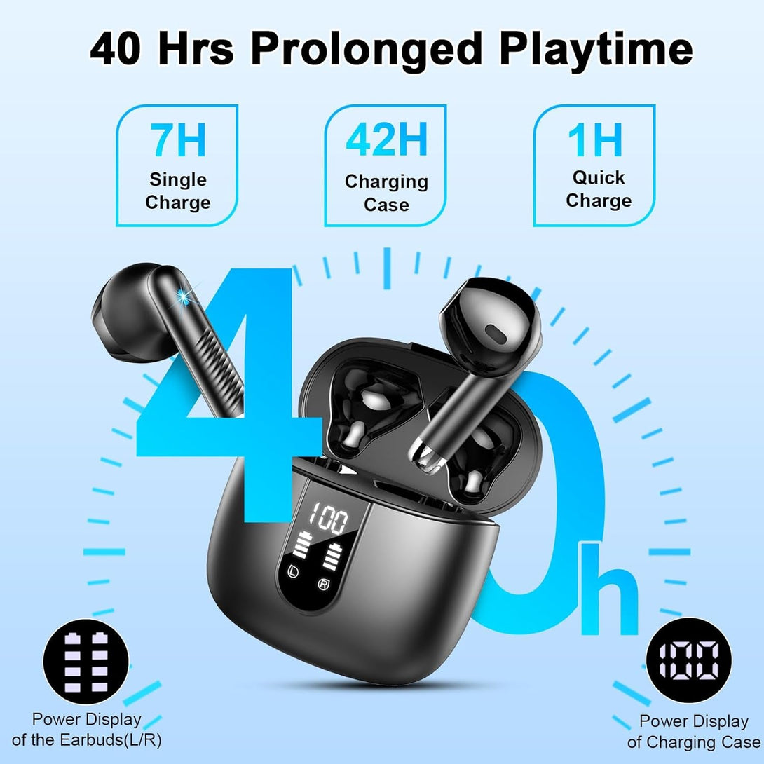 Wireless Earbuds, 2024 Bluetooth Headphones V5.3 Ear Buds Built-In ENC Noise Cancelling Mics, 40H Stereo Bass Bluetooth Earbuds with Dual LED Display, IP7 Waterproof Earphones for Android Ios, Black