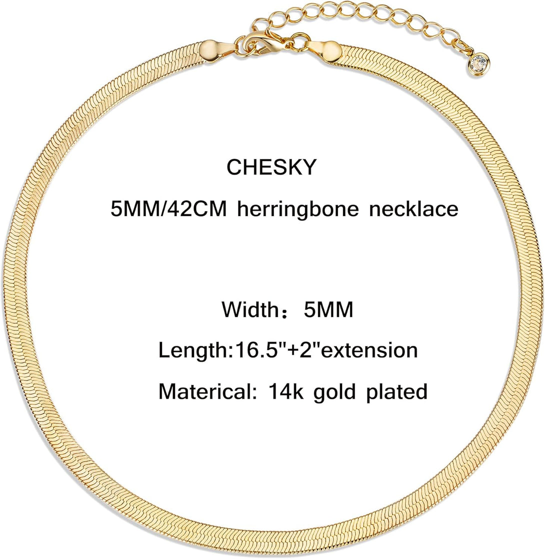 CHESKY Gold Necklace for Women-14K Plated Sterling Silver Snake Chain Necklace Dainty Simple Chunky Herringbone Necklace Gold Choker Necklaces Jewelry for Women