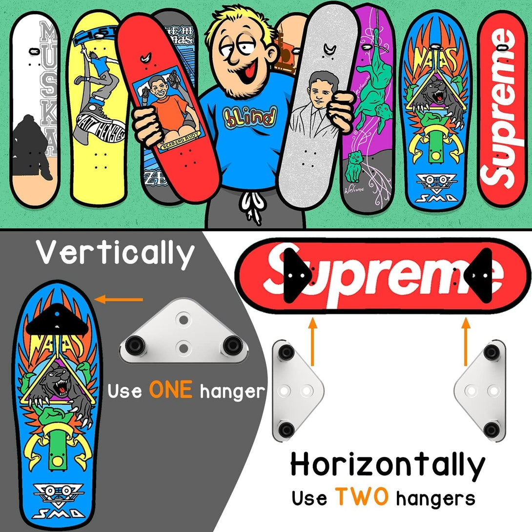 6 Packs Skateboard Wall Mount Aluminum Skateboard Hanger with Two Screw Holes for Display Skateboard Deck Storage Horizontal and Floats Vertically - Silver