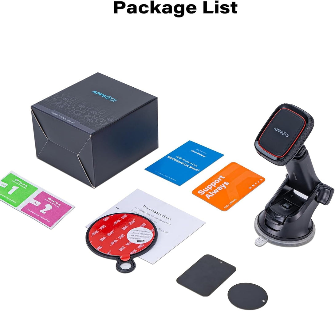 Apps2Car Magnetic Phone Mount for Car – Industrial Suction Cup Dashboard & Windshield Holder with Telescopic Arm, 6 Strong Magnets – Universal Fit for Iphone & Android (Metal Plate Required)