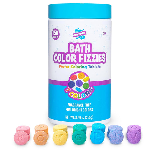 Tub Works® Bath Color Fizzies, 150 Count | Nontoxic & Fragrance-Free | Fizzy, Bath Color Tablets for Kids | Create Fun Bath Colors | Water Tablets in 7 Colors for Variety | Bath Bombs for Kids Bath