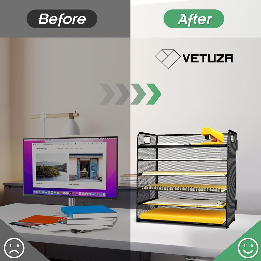 6 Tier Desk Paper Letter Organizer Tray, Mesh File Organizer, Letter Tray for Office & Home (1, Black)