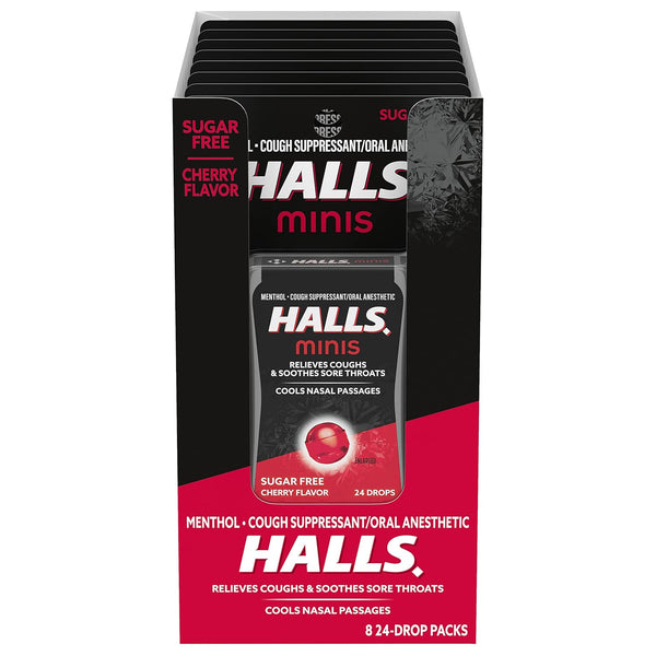 HALLS Minis Cherry Flavor Sugar Free Cough Drops, 8 Packs of 24 Drops (192 Drops Total)