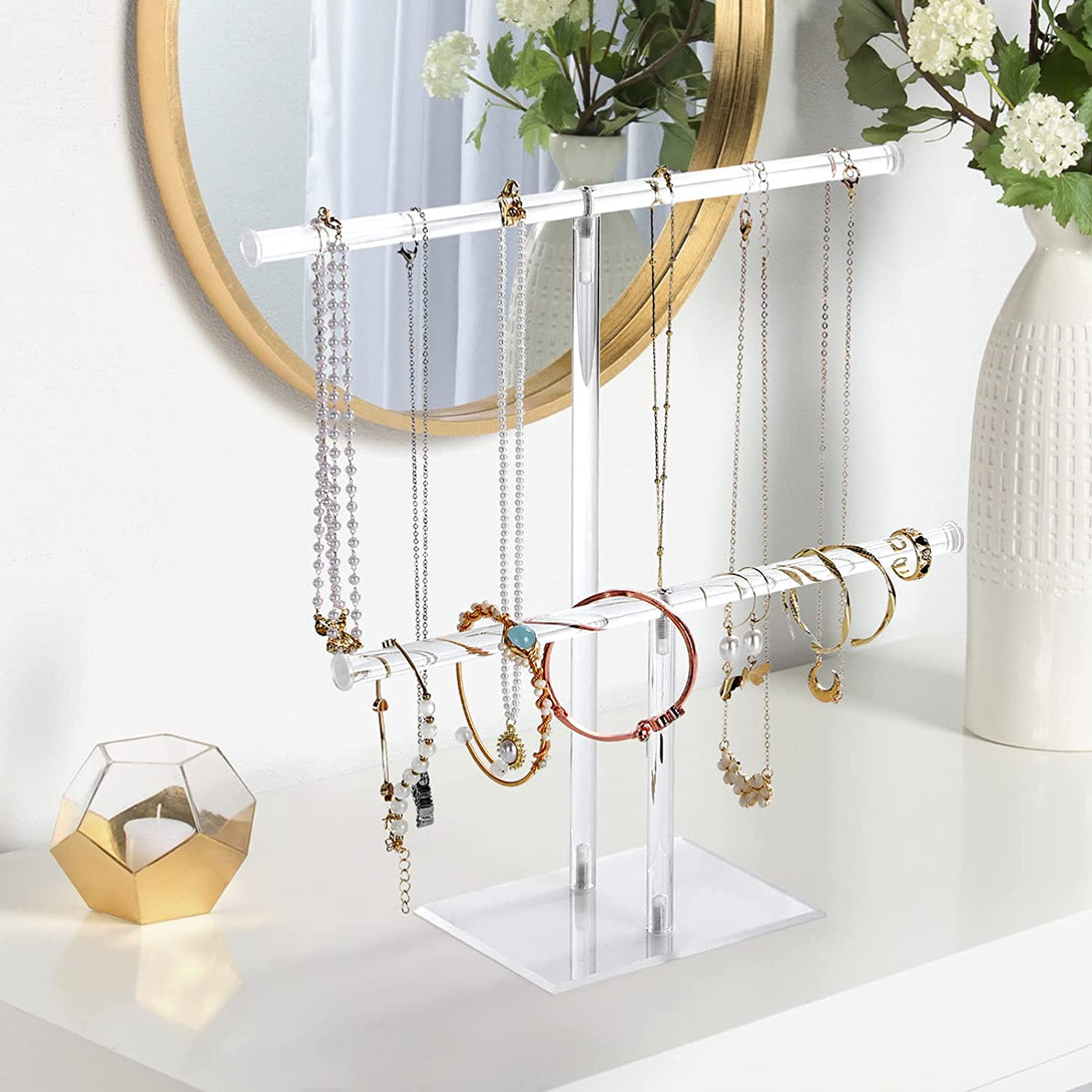 Jewelry Stand Necklace Holder, Acrylic Jewelry Display Holder, Necklace and Bracelet Hanging Organizer, Clear 2-Tier Tower Stand for Bangles, Necklaces, Bracelets, Rings, Earrings and Watch