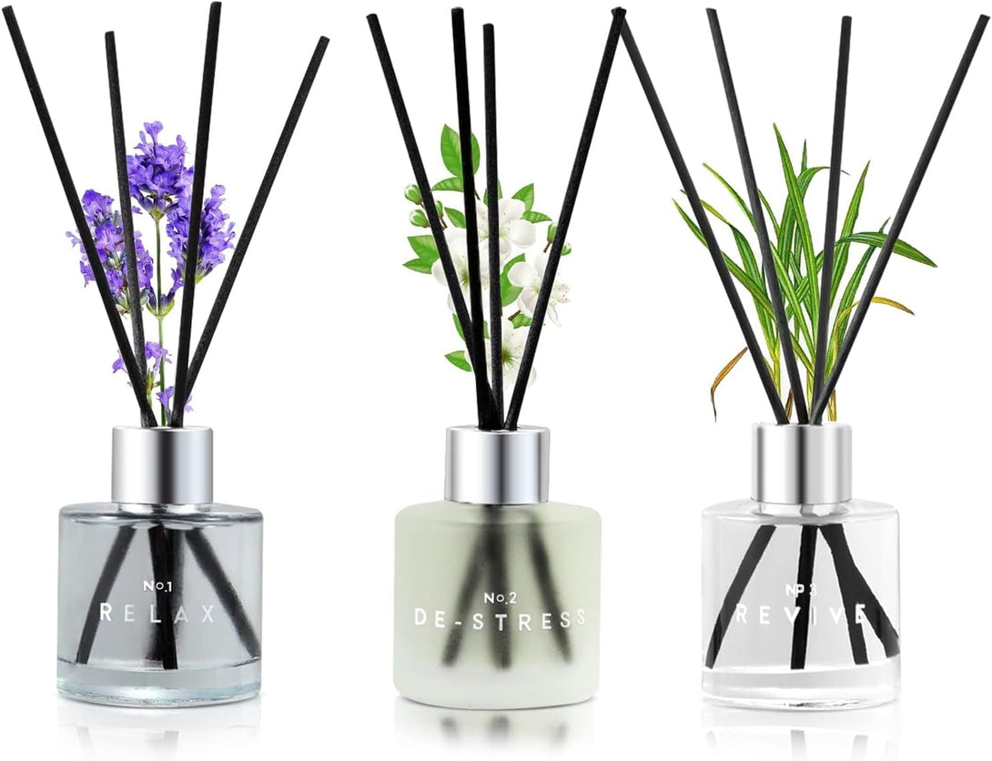 3 Pack Fragrance Reed Diffuser, 50ML Lavender Jasmine Lemongrass Aromatherapy Diffuser Set with 12 Black Fiber Sticks,Air Freshener for Bedroom Bathroom Office, 8.2X 6.6X 2.1 Inch