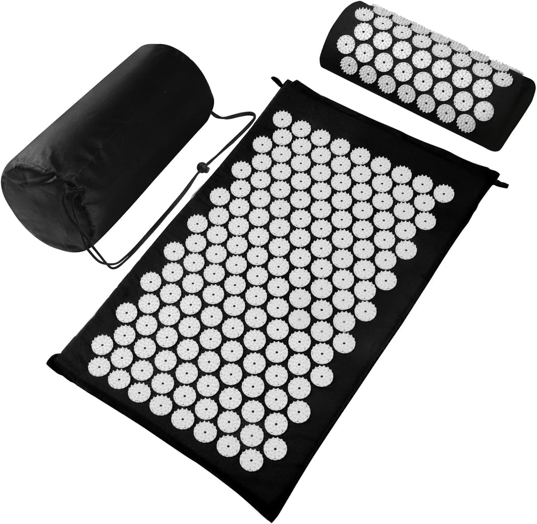 Acupressure Mat Set, Acupuncture Point Massage Pillow, Relieving Neck and Back Pain, Muscle Relaxation and Stress Reduction, Sciatica Relief, Suitable for Men and Women, Carry a Handbag, Black White