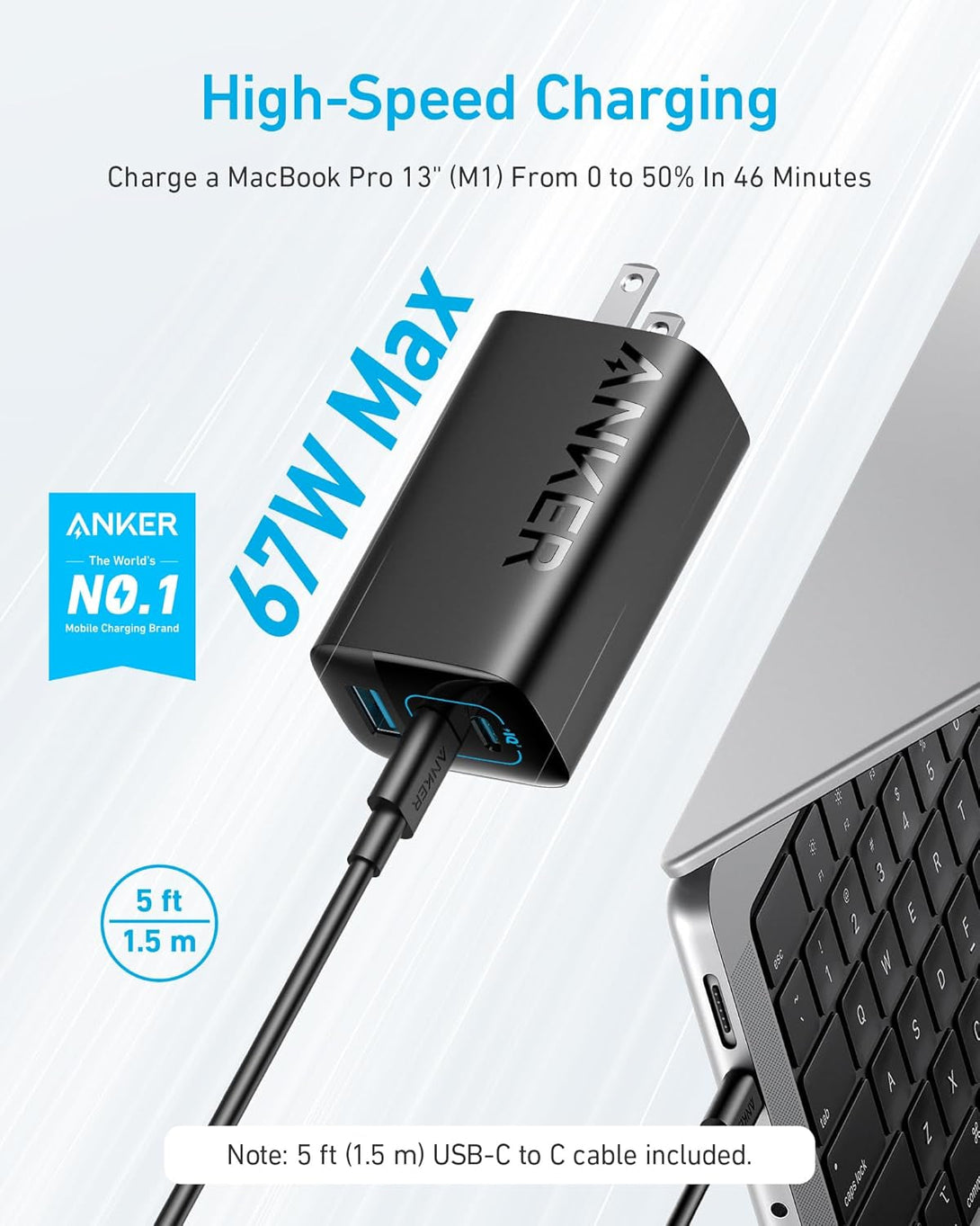 Anker 67W USB C Charger, 3 Port PIQ 3.0 Compact and Foldable Fast Charger for Macbook Pro, Ipad, Galaxy, Iphone and More (5FT USB-C Cable Included)