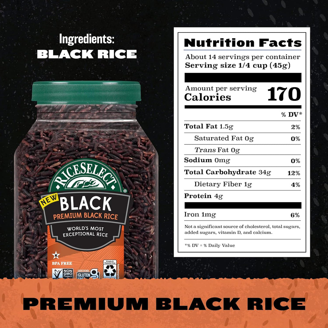 Riceselect Premium Black Rice, Whole-Grain, Gluten-Free, Non-Gmo, and Vegan Rice, Bpa-Free 22-Ounce Jar (Pack of 1)