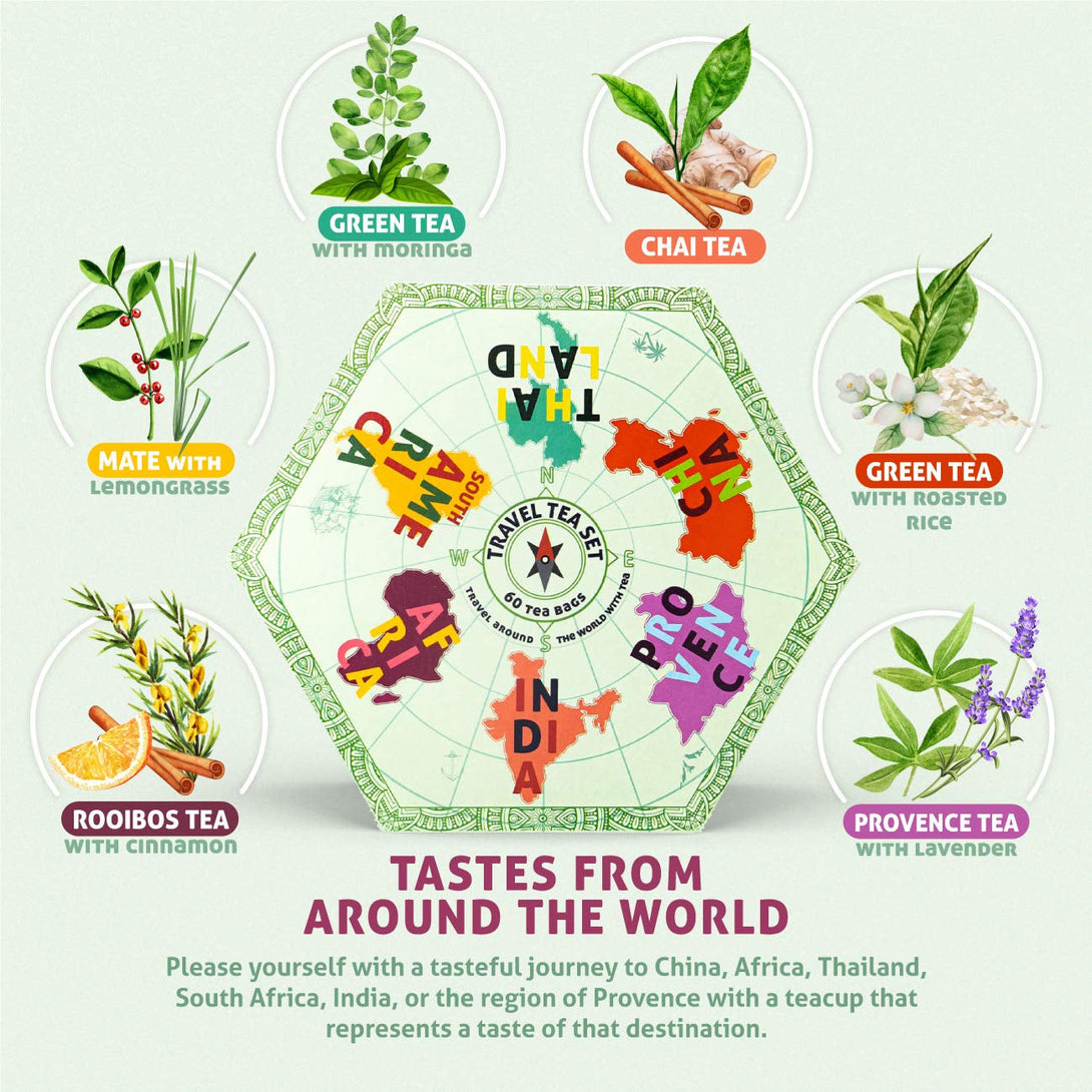 ACORUS Travel Tea Set | Round-The-World Trip of Your Dreams with Selection of Teas You Have Never Tasted before | Assorted Tea Gift Set | Herbal and Fruit Variety Pack | 60 Tea Bags