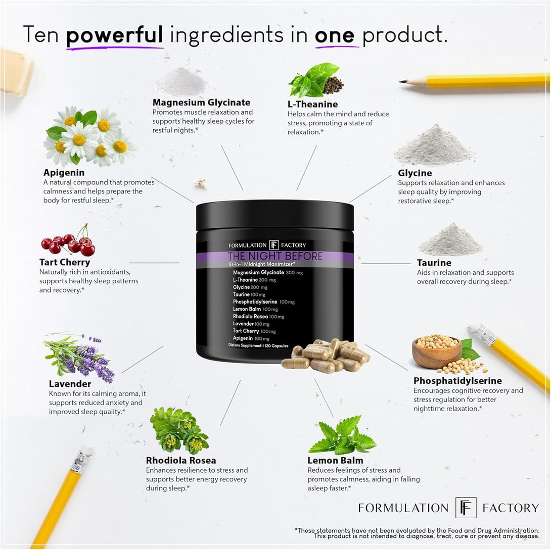 The Night Before: 10-In-1 Midnight Maximizer, Sleep Aid, Stress Relief, Cognition, Relaxation, Recovery, Magnesium Glycinate, L-Theanine, Glycine, Taurine, Lemon Balm, Rhodiola, Lavender (2 Months)