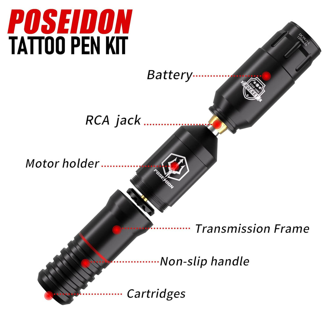 Tattoo Pen Kit - POSEIDON Wireless Tattoo Machine Kit, Tattoo Gun Kit with Tattoo Power Supply and 40 Pcs Tattoo Cartridge Needles, Complete Tattoo Kit Tattoo Supplies for Beginners(Ptk018)