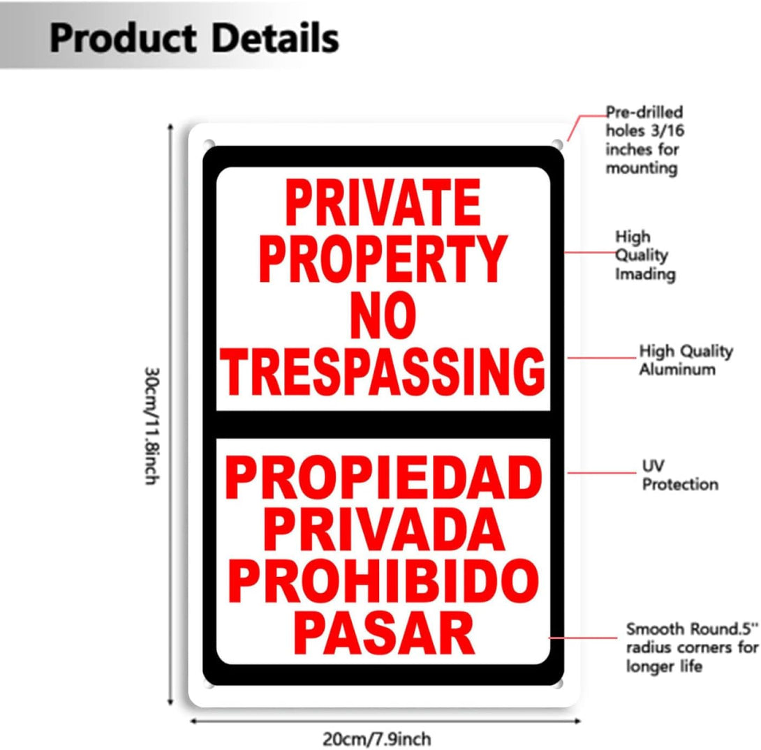 Bilingual Private Property No Trespassing English & Spanish Security Signs. Privada. 8" X 12" Inch Metal