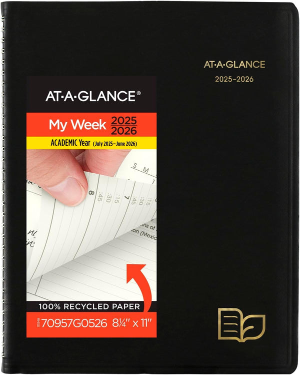 AT-A-GLANCE Planner 2025-2026 Academic, Weekly & Monthly, Quarter-Hourly Appointment Book, 8-1/4" X 11", Large, Monthly Tabs, Flexible Cover, Recycled, Black (70957G05)