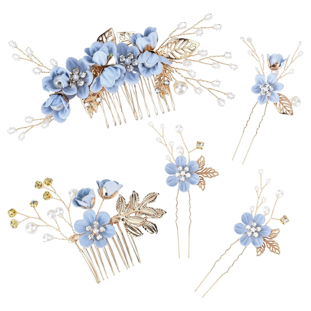 BOWINR 5 Pack Wedding Hair Piece Bridal Hair Comb, Blue Flower Rhinestone Hair Accessories Handmade Pearl Crystal Floral Leaf Hair Clip for Women Girls Bride Bridesmaids Prom Wedding Party