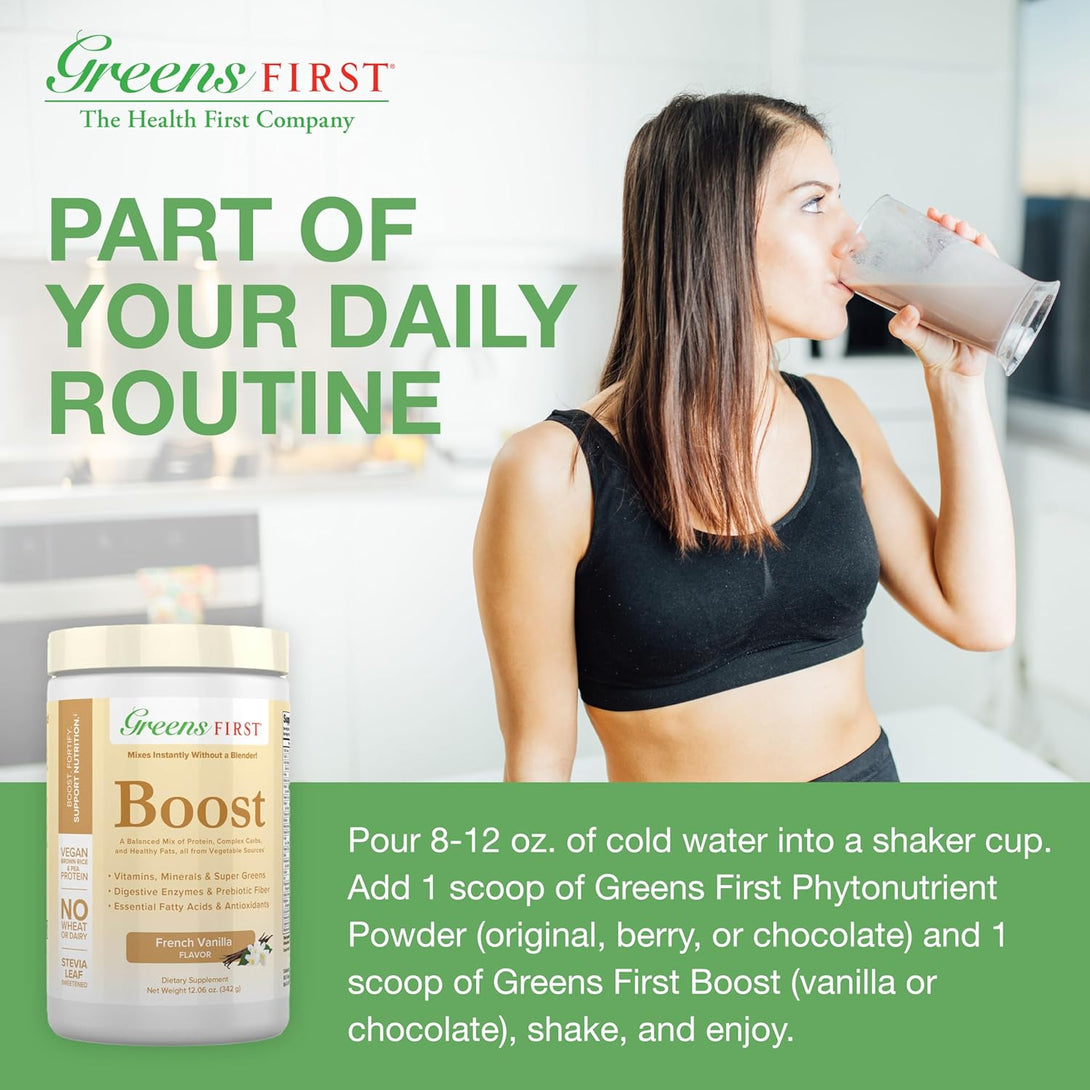 Greens First Boost - Plant-Based Protein & Balanced Nutrition - Superfood Shake Mix - No Wheat or Soy - Dairy-Free - Vegan - French Vanilla, 12.06 Oz.