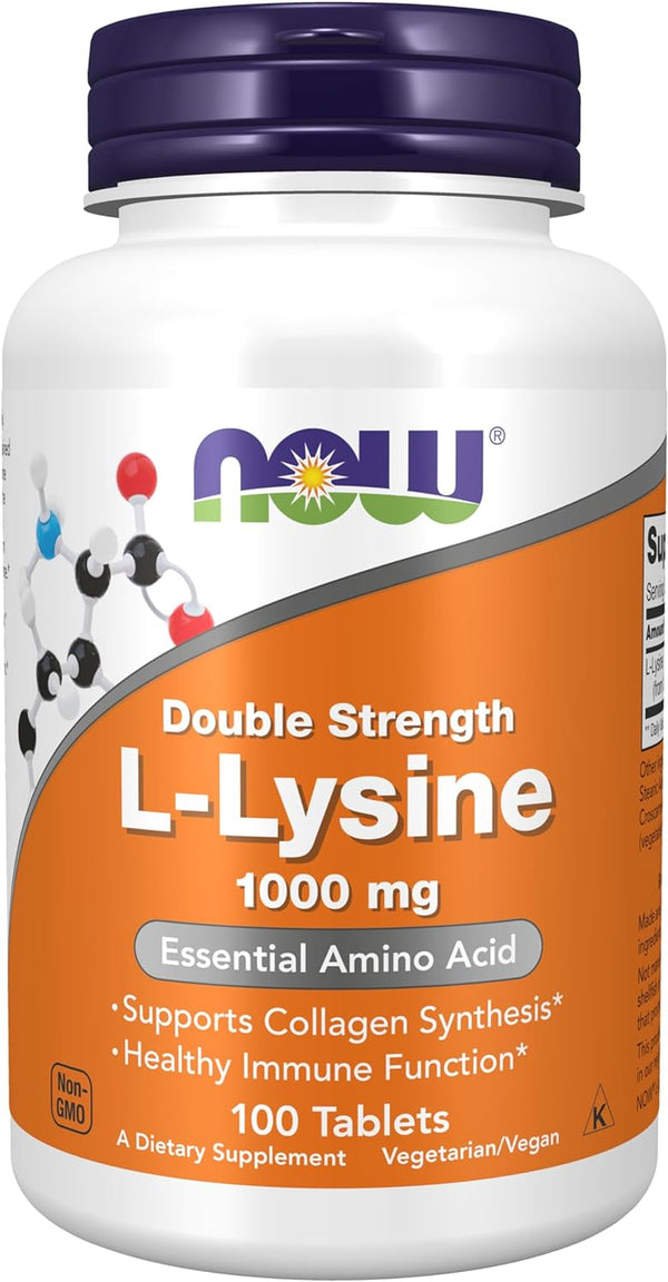 NOW Foods Supplements, (L-Lysine Hydrochloride) 1,000 Mg, Double Strength, Amino Acid, 100 Tablets