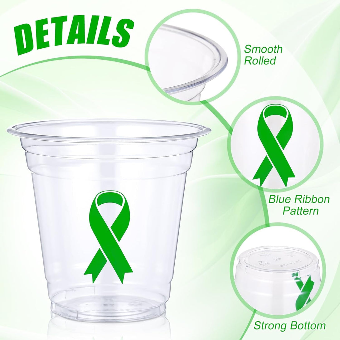 Baderke 50 Pcs Mental Health Awareness Green Ribbon Plastic Cups Bulk Disposable 12Oz Liver Cancer Awareness Plastic Cups for Transplant Bipolar Disorder Environment Issue
