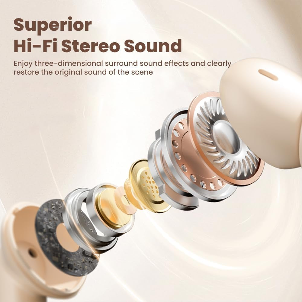 Wireless Earbuds Bluetooth, Ear Buds with Deep Bass, 48H Long Playtime, Power Display, IPX7 Waterproof in Ear Earphone with Mic for Phone Tablet Sports Workout (Off White)