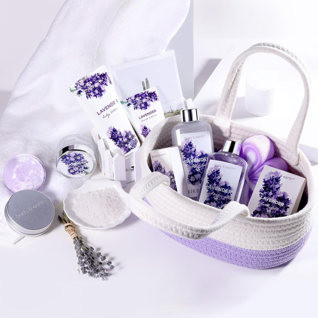 Spa Gift Baskets for Women - Body & Earth 11Pcs Lavender Gift Sets with Bubble Bath, Shower Gel, Body Lotion, Birthday Gifts for Women, Spa Kit for Mom Gifts, Purple Gifts