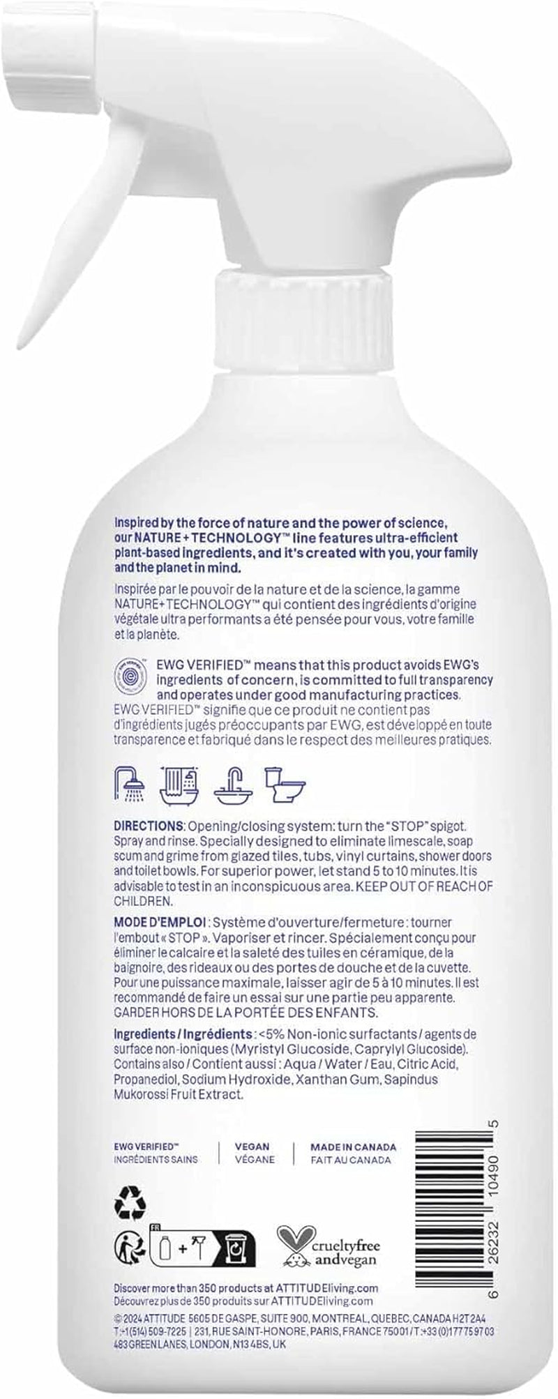 ATTITUDE Bathroom Cleaner, EWG Verified, Plant- and Mineral-Based, Vegan Household Products, Unscented, 27.1 Fl Oz