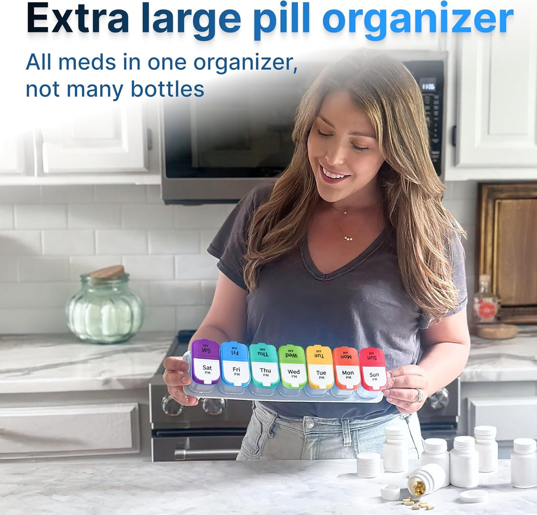 Extra Large Weekly Pill Organizer - XL Daily Pill Box - 7 Day Am Pm Pill Case Jumbo Pill Container for Supplements Big Pill Holder Twice a Day Oversized (Rainbow)