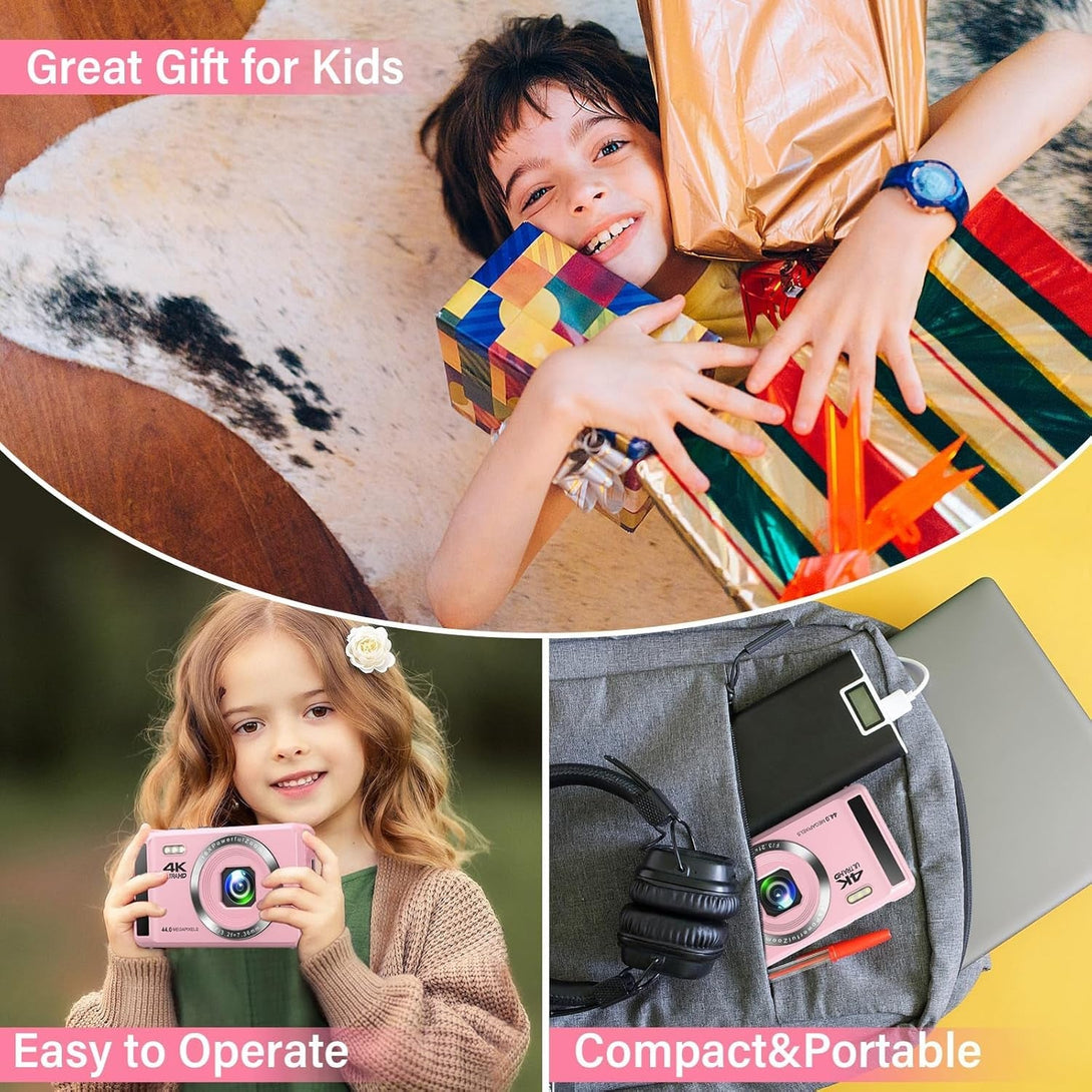4K 44MP UHD Digital Camera - Autofocus Small Compact Cameras with 16X Zoom - Portable Vlogging Camera with 32GB Card and 2 Batteries for Kids, Teens