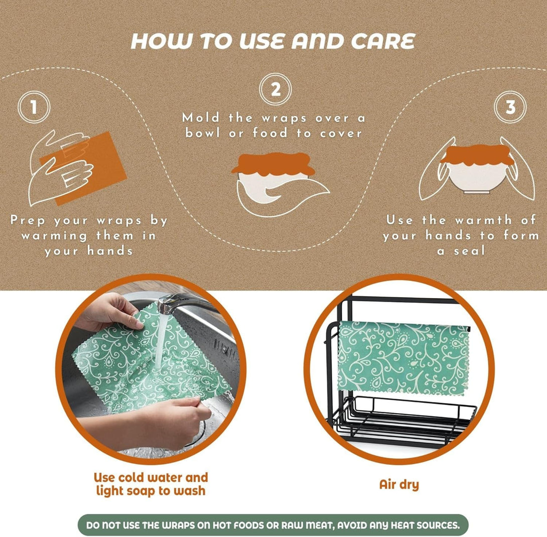 Akeeko Reusable Beeswax Food Wraps - Assorted 9 Packs, Reusable, Plastic-Free Food Storage, 5 Small, 3 Medium, 1 Large Wraps with Abstract Curves Pattern