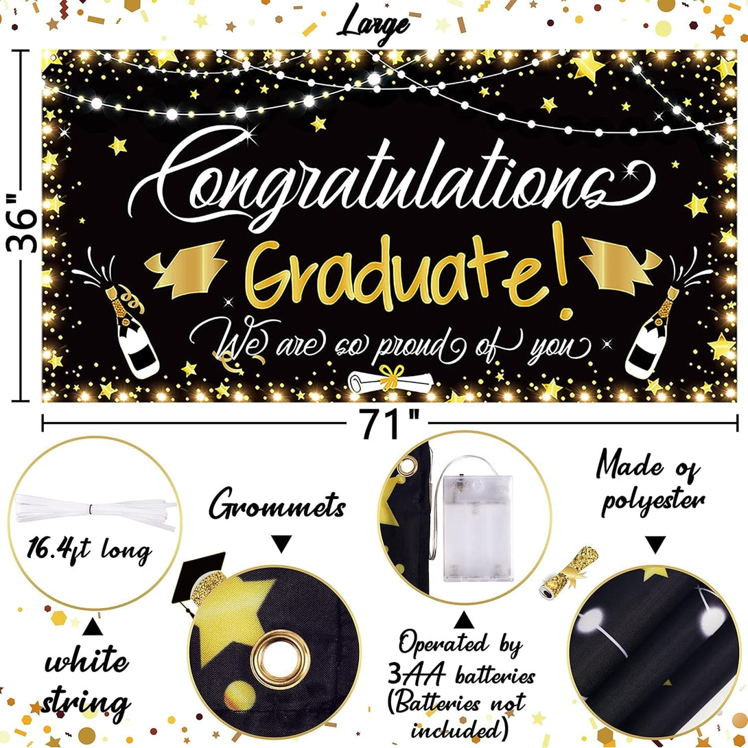 90Shine Graduation Decorations Class of 2025 - Lighted Large Congrats Grad Banner Garland Photo Backdrop+Balloons+Hanging Swirls Party Supplies (25PCS, Black, Not Include Battery)