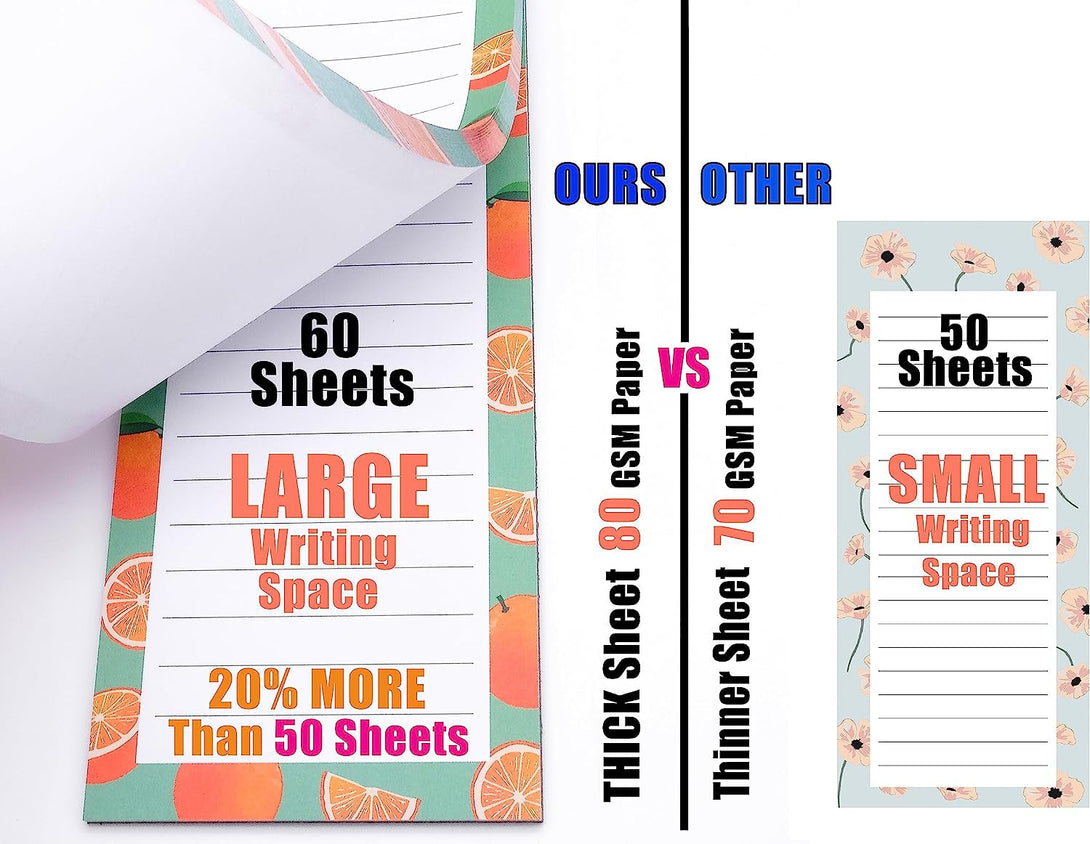 8 Large Magnetic Notepads – Big Notepads for Grocery List, Shopping List, To-Do List, Reminders -Strong Magnetic Back- Memo Pads with Realistic Fruit Designs | 60 Sheets per Pad 9 X 3.5 Inch (8 Pack)