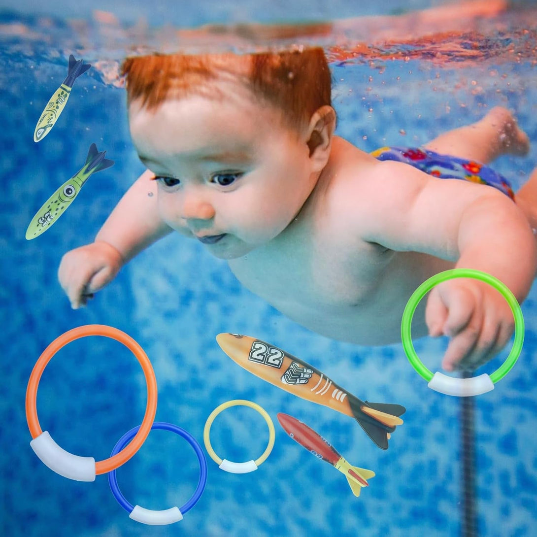 8 Packs Pool Toys, Pool Toys for Kids Ages 4-6-8-10-12, Shark Underwater Training Pool Diving Rings Swimming Pool Toys with Dive Rings Torpedo for Kids Gifts Toddler Summer Swim Water Fun Pool Games