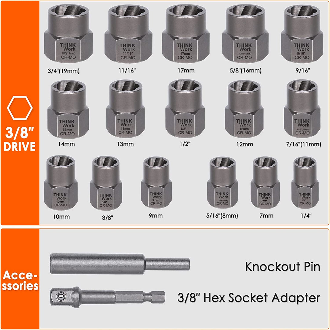 THINKWORK Bolt Extractor Kit, 18 Pieces Bolt Extractor Set, Stripped Bolt Extractor for Removing Damaged, Frozen, Rusted, Rounded-Off Bolts, Nuts & Screws