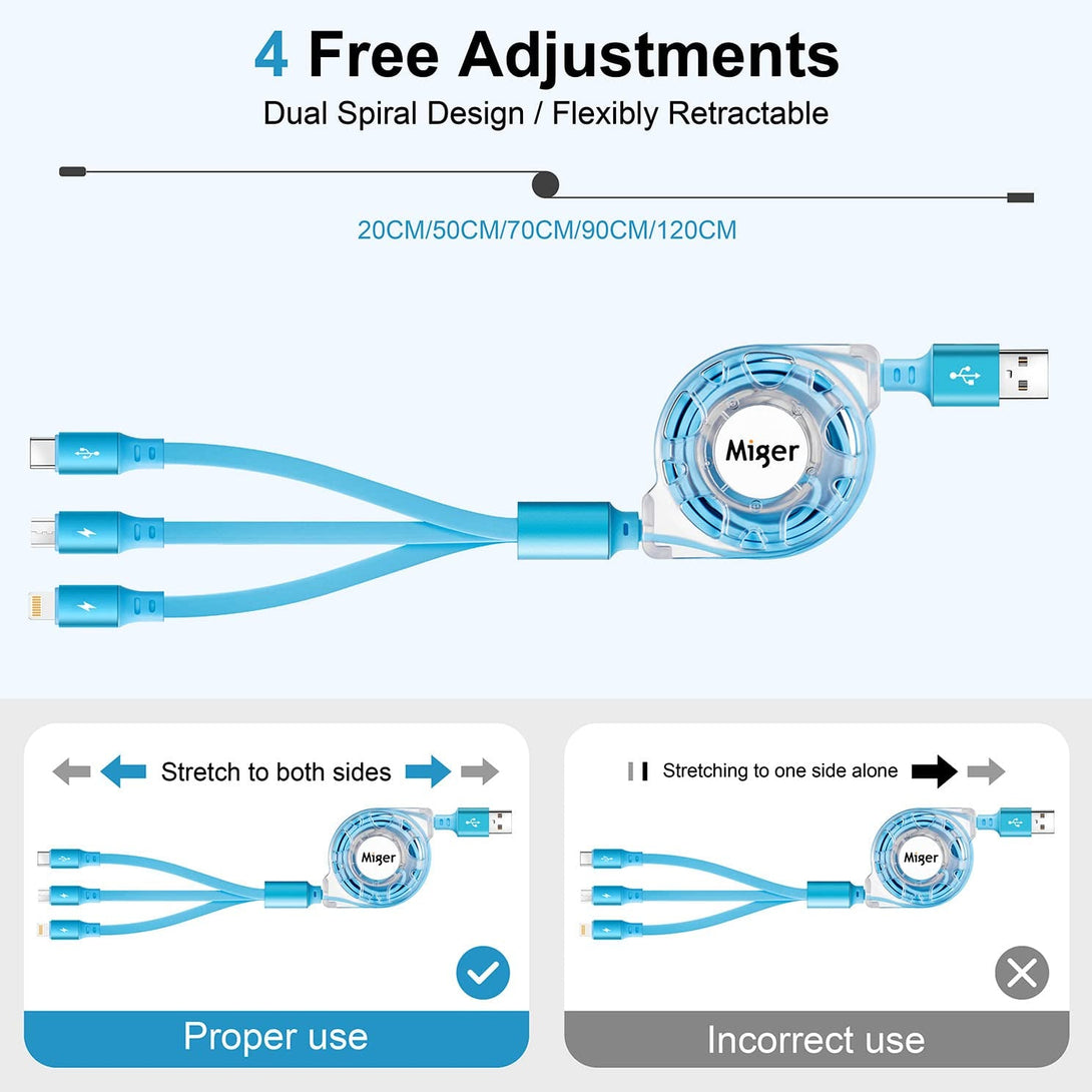USB C Multi Fast Charging Cable 4A [2Pack/4Ft] Retractable Multi Charger USB a to Type C/Lightning/Micro USB Ports 3 in 1 USB Cable for Samsung Galaxy,Iphone,Huawei,Lg,Google,Tablets,Htc,Sony,Xiaomi