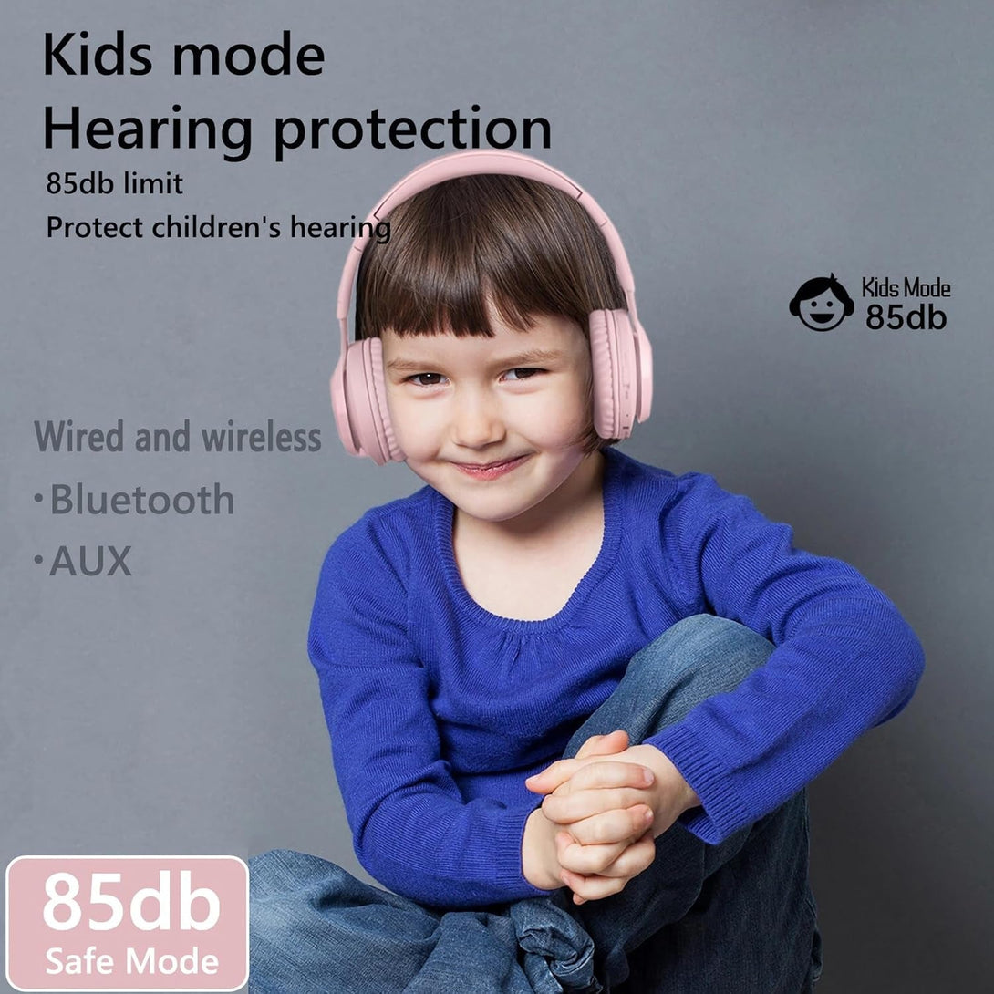 Kids Bluetooth Headphones,85Db Volume Limit,Hearing Protection,Wireless Headphones with Mic,Music,Chat,Kids Mode,Normal Mode,Wireless and Wired,Led Light,For Children Adults,Pink