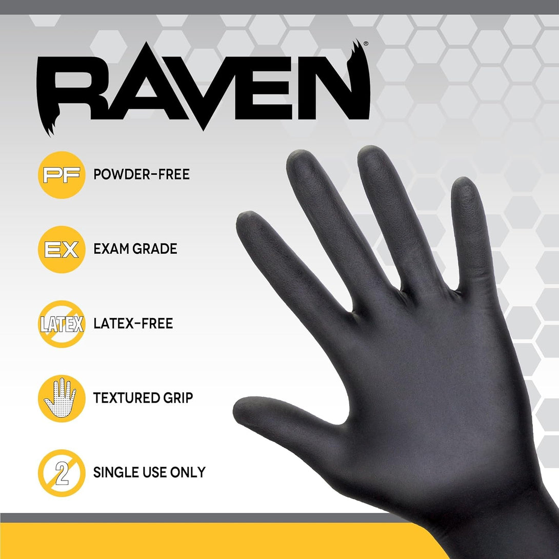 Raven Powder Free Nitrile Disposable Gloves 7 Mil - XL Latex Free, Chemical + Puncture Resistant, Textured Grip, Single Use for Automotive, Industrial, Janitorial, MRO, Food Service 66519