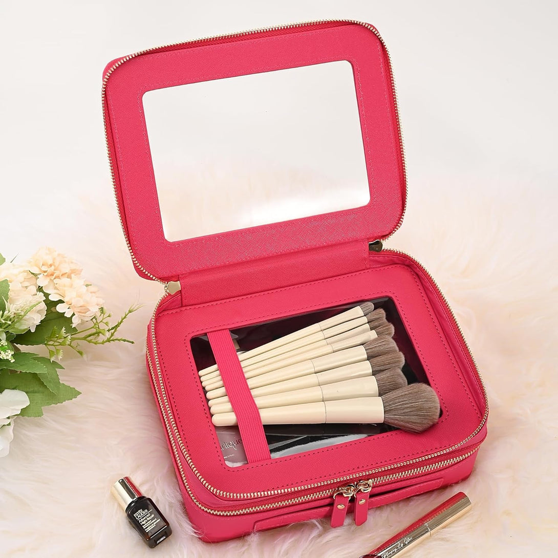 Aveniee Clear Makeup Bags, Double Layer Cosmetic Bags with a Separate Brush Compartment, Large Travel Toiletry Bag Train Case for Women, Travel Accessories Organizer(2 Layers Large, Hotpink)