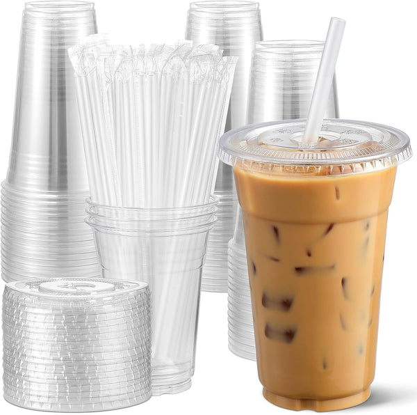 AOZITA [100 Sets] 12 Oz Clear Plastic Cups with Lids and Straws, Disposable Cups with Lids for Iced Coffee, Smoothie, Milkshake and Cold Drinks