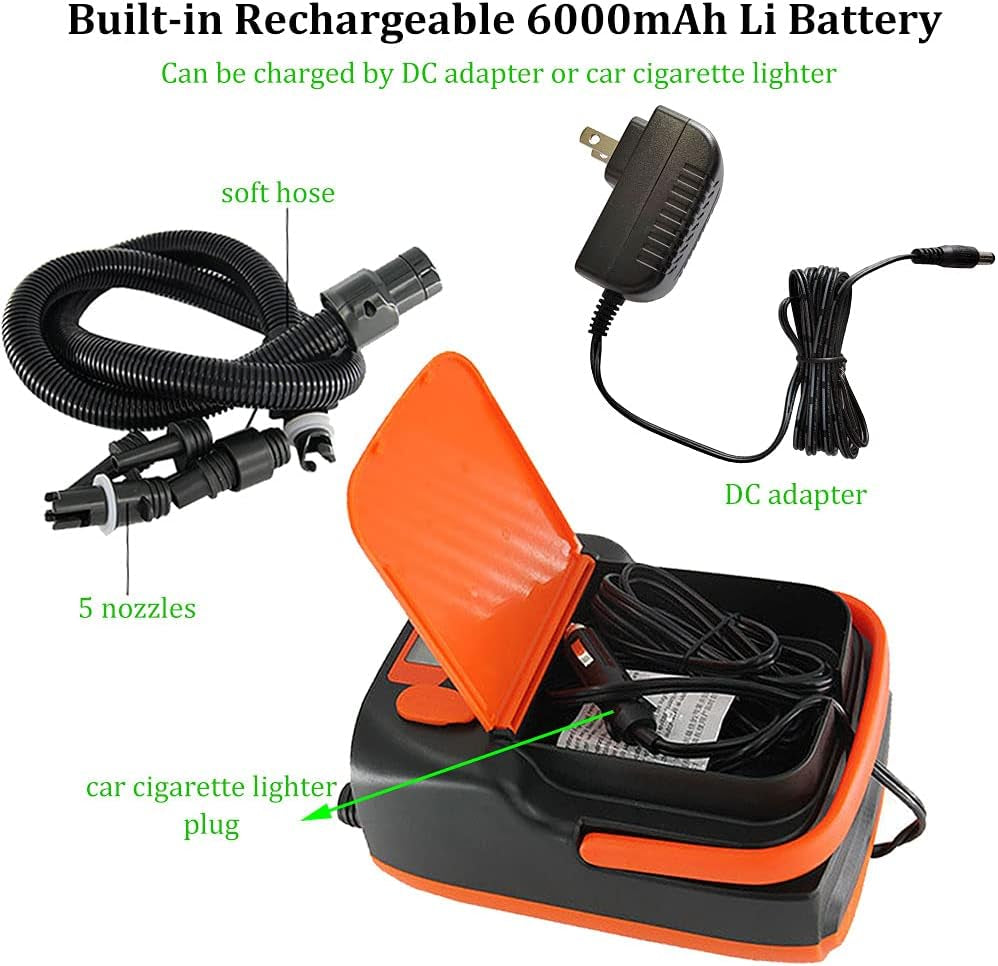 6000Mah Rechargeable SUP Air Pump Electric Compressor Max 16PSI Air Inflator + Deflator for Stand up Paddle Board,Inflatable Boat,Air Mattress,Kayak