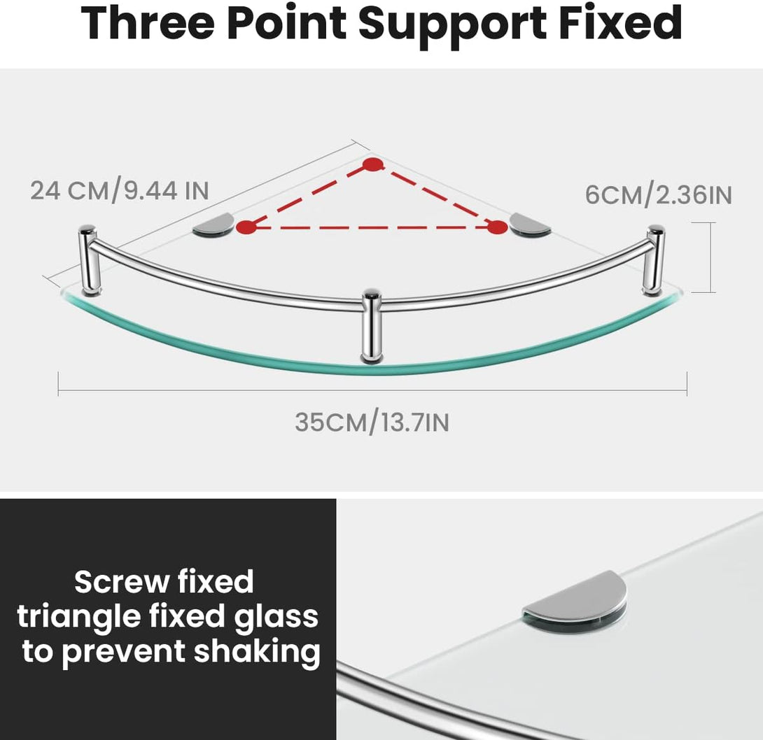 Glass Shower Shelves Caddies Tempered Bathroom Glass Shelf with Rail Wall Mounted Drill Hole for Corner Shower Shelf for inside Shower 2 Pack